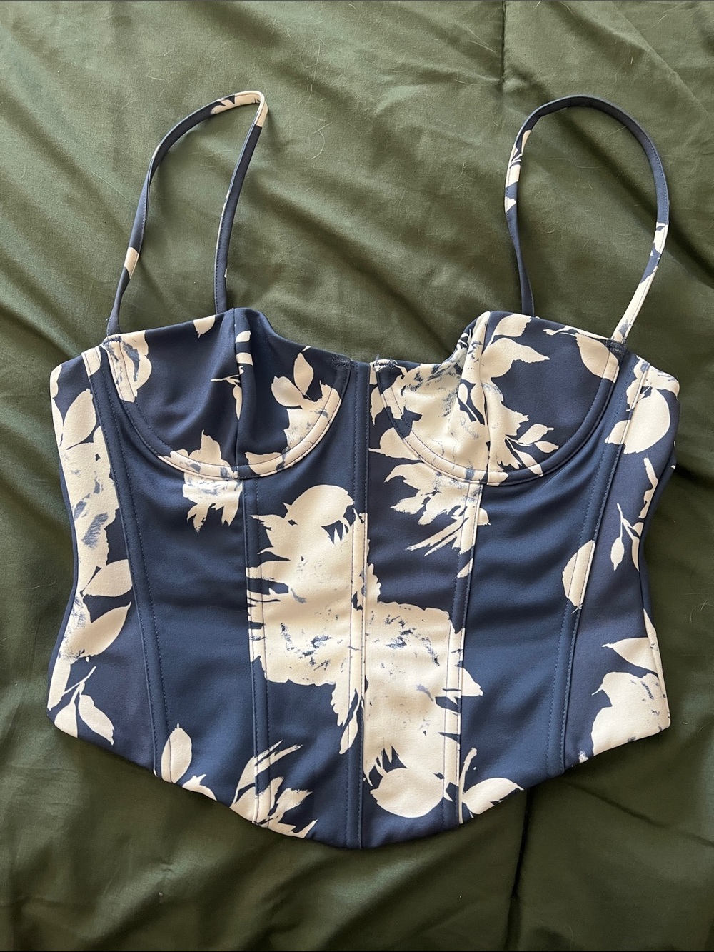 White Fox Boutique Navy and Cream Floral Bustier Crop Top